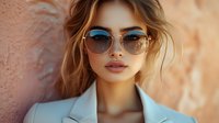 Young woman in stylish sunglasses and light blue blazer against textured peach wall background, with soft natural lighting and loose wavy hair creating modern fashion portrait.
