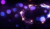Glowing geometric frame with sparkles and light effects on dark purple background with bokeh circles. Suitable for luxury event designs and celebrations.