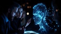 Glowing blue holographic head projection with digital particles floating in dark room while business professionals analyze futuristic technology display.
