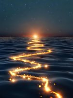 Magical glowing path of light particles floating on dark ocean waves under starry night sky and setting sun, creating mystical illuminated trail across water surface.