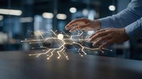 Businessman hands typing on tablet with glowing network connections in modern office environment for digital transformation and connectivity concepts.