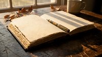 Vintage open book with blank pages and antique fountain pen on wooden desk in warm sunlight for writing, journaling, education and literary projects.