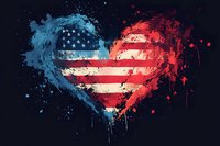 Heart shaped American flag in watercolor splash style with red and blue paint splatters on dark background, patriotic art concept for decoration.