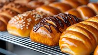 Fresh baked sweet buns with chocolate drizzle and sesame seeds on metal rack, close up view of glossy pastries lined up in bakery display.