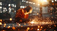 Industrial welder working at night with bright orange sparks flying, dramatic lighting creates atmospheric bokeh effect perfect for manufacturing and industrial safety concepts.