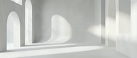 Minimalist white interior space with arched doorways and soft natural light streaming through windows, creating dramatic shadows on walls for modern architectural visualization and design projects.