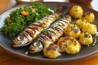 Grilled whole fish with golden roasted potatoes and fresh green vegetables on dark plate. Healthy Mediterranean seafood dinner with herbs and seasoning.