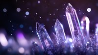 Magical glowing crystal quartz points with purple and blue bokeh lights on dark background, mystical mineral formation with ethereal sparkles and dreamy atmosphere.
