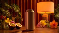 Blank aluminum can mockup in warm tropical setting with passion fruit, exotic flowers, and soft lamp glow for beverage product presentation.