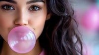 Young woman with dark wavy hair blowing pink bubblegum bubble against blurred background, showing playful expression and natural makeup look.