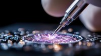 Macro shot of electronic circuit repair with soldering iron tip creating sparks and purple glow effect against dark background with bokeh lights.