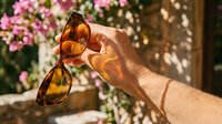 Caucasian male hand holding tortoiseshell sunglasses with pink flowering plants and sunny garden backdrop, suitable for fashion, lifestyle and summer travel content.