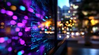 Digital code display with purple and blue illumination on glass surface against blurred urban nightscape with glowing bokeh lights and city buildings.