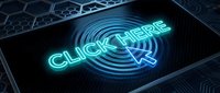 Neon glowing click here button with cursor on dark tech background, digital call to action concept for web design and marketing.