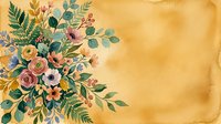 Vintage floral arrangement with roses, greenery and botanical elements on aged yellow watercolor background, suitable for wedding invitations and greeting cards.
