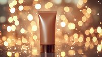 Brown cosmetic tube on glowing golden bokeh background with sparkles and light effects creates luxurious beauty product presentation atmosphere.