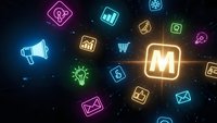 Glowing neon business icons floating in digital space with central M logo. Corporate technology symbols for marketing, finance, communication concepts.