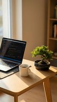 Programmer workspace with laptop displaying code, white coffee mug, and small bonsai tree on wooden desk near window, ideal for tech and remote work concepts.