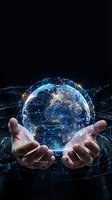 Hands holding glowing digital Earth globe with network connections and data streams representing global technology and connectivity concepts.