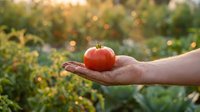 Fresh ripe red tomato in open palm against blurred garden background with warm sunlight, organic farming and harvest concept for healthy eating.
