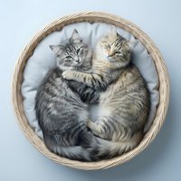 Two adorable tabby kittens cuddling together in wicker basket with soft white blanket, perfect for pet care and animal love concepts.