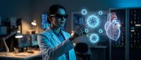 Asian male doctor in white coat using holographic medical technology displaying human heart and molecular structures in modern healthcare facility.