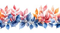 Seamless watercolor border with pink, navy blue and orange leaves arranged in horizontal pattern. Delicate botanical design for decorative projects.