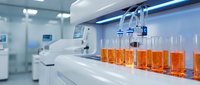 Automated laboratory equipment dispensing orange liquid samples into test tubes in modern medical research facility for pharmaceutical development.