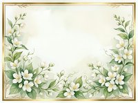 Elegant floral frame with white flowers and green leaves on cream background. Decorative border for wedding invitations, greeting cards and stationery design.