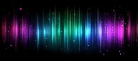 Vibrant aurora-like waves of pink, turquoise and blue light streaks with glowing particles on black background create dynamic sound wave visualization effect.