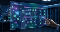 Futuristic holographic interface displaying web analytics dashboard with glowing data visualization charts and network connections in modern office.