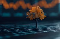 Glowing orange digital tree visualization on dark blue tech background with data waves, representing growth analytics and business intelligence solutions.