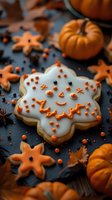 Halloween ghost sugar cookies with orange decorations surrounded by autumn pumpkins and spices on dark slate surface for seasonal baking and holiday treats.
