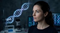 Female scientist examining DNA double helix hologram in modern laboratory for genetic research and biotechnology innovation.