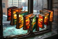 Colorful paper lanterns with geometric patterns glowing warmly against foggy window, creating atmospheric mood with orange, green and yellow light effects.
