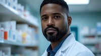 African American male pharmacist in white coat looking confidently at camera while working in modern pharmacy with medicine shelves in background.
