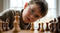 Young boy with glasses concentrating on chess game, strategic thinking and intellectual development in cozy indoor setting.