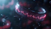 Dark metallic ring with glowing red heartbeat pulse pattern and floating particles against blurred background, modern medical jewelry concept.