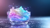 Magical glowing cocktail with colorful splashes in glass bowl against dark background, luminescent drink with pink and blue gradient effects and sparkles.
