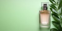 Elegant perfume bottle with pink fragrance against mint green background with tropical palm leaf, creating luxurious cosmetic composition for beauty advertising.