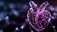 Glowing purple wireframe apple shape with network connections on dark background with bokeh lights, digital technology concept for healthy lifestyle and innovation.
