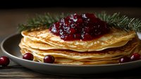 Stack of golden pancakes topped with cranberry sauce and fresh dill on a white plate, perfect for festive breakfast or brunch menus.