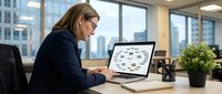 Middle-aged woman with brown hair and glasses, wearing dark blazer, working on laptop at modern office desk with city skyline view, suitable for business and corporate themes.