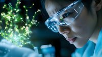 Young Asian female scientist in protective eyewear examining glowing molecular structure visualization in dark laboratory environment with blue technological lighting.