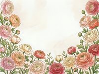 Elegant ranunculus flowers frame with soft pink and coral blooms on light background for wedding invitations, greeting cards and romantic designs.