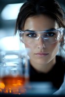 Young female scientist in protective eyewear examining chemical reaction in laboratory glassware. Dark atmospheric lighting creates dramatic research environment.