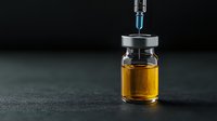 Medical vial with amber liquid and syringe on dark background, dramatic lighting highlights pharmaceutical research and medical treatment concept.