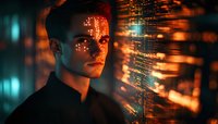 Young Caucasian man in dark clothing illuminated by orange and blue digital projections, representing artificial intelligence and technology advancement in modern world.