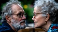 Senior Caucasian couple with glasses sharing intimate moment outdoors, close-up profile view showing emotional connection and lasting love between elderly spouses.