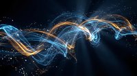 Glowing blue and golden light waves flowing across dark background with particles, suitable for technology and digital design projects.